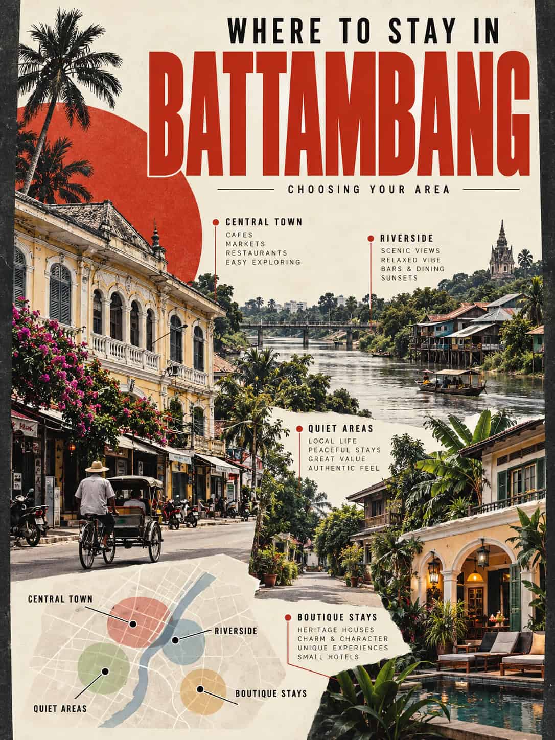 Battambang accommodation areas: riverside old town, central market, and the quieter outskirts